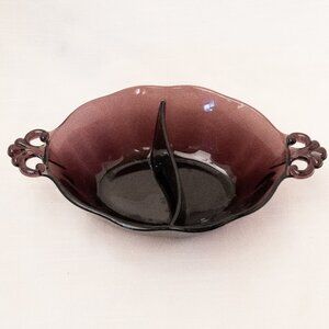 Amethyst Fostoria Glass Divided Candy Dish, Lafayette Pattern Handles, 1930s Vin